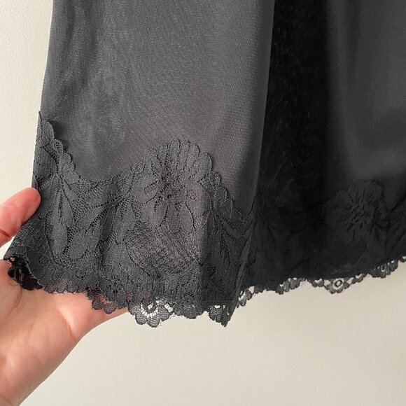 VINTAGE 80s Womens Elastic Waist Slip Skirt Lace Hem Black Large - Picture 5 of 6